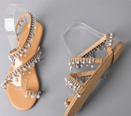 ezy2find women's sandals silvery / 42 Handmade Pearl Beaded Roman Ladies Sandals Flat with Flat Toe Toe Beach Sandals