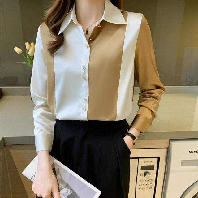 ezy2find women's shirt M / Champagne White SATIN Women Shirts Long Sleeve Office Lady Button Up Shirt Vintage Ladies Tops Camisas De Mujer Woman Shirts