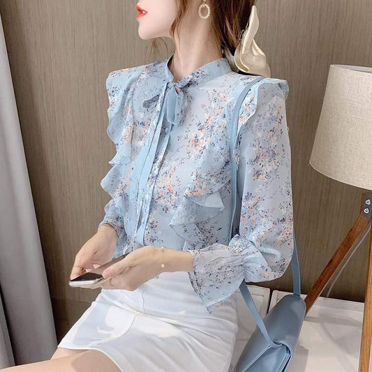 ezy2find Women's Shirts 1 Style / S Bowknot Chiffon Shirt Women'S Lotus Leaf Floral Korean Version Of The Wild Long-Sleeved Lace-Up Shirt
