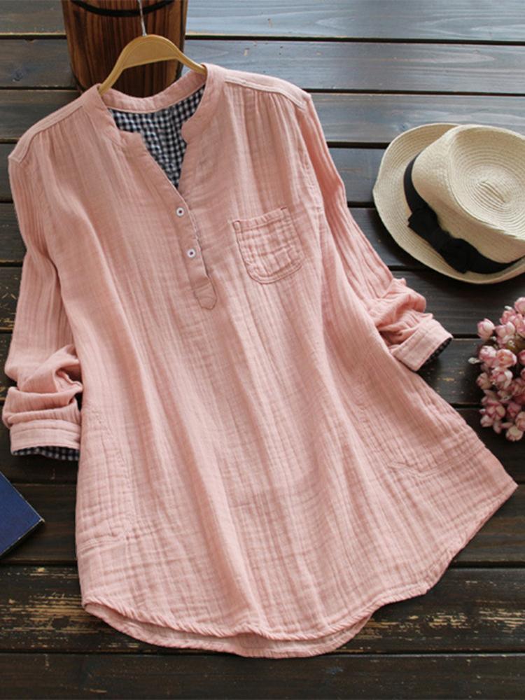 ezy2find Women's Shirts 10 / Pink Women Solid Color Long Sleeve Button Pocket V-Neck Cotton Shirts
