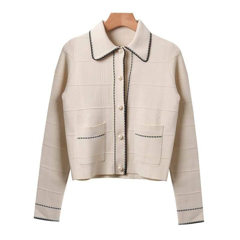 ezy2find Women's Shirts Beige / S Exquisite Pearl Button Check Lace Knitted Cardigan Jacket Women