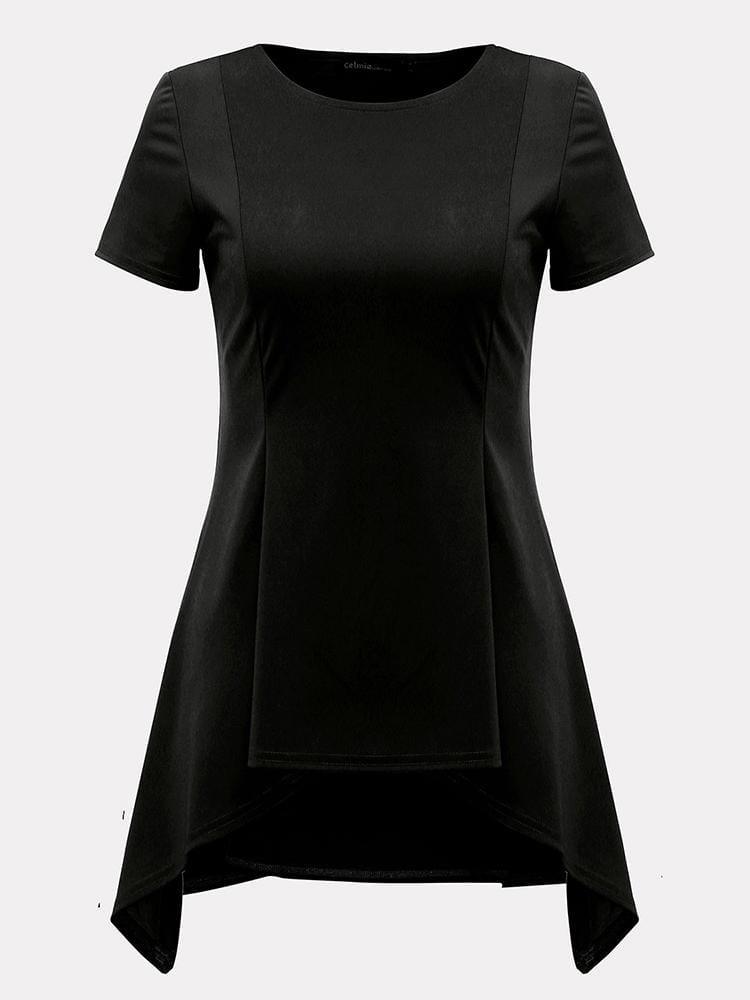 ezy2find Women's Shirts Black / S Elegant Women Pure Color Short Sleeve Irregular Hem T-Shirt