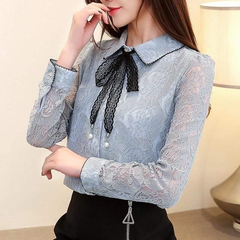 ezy2find Women's Shirts Blue / M / ordinary Women's Long-Sleeved Plus Velvet Padded Lace Shirt For Fall Winter