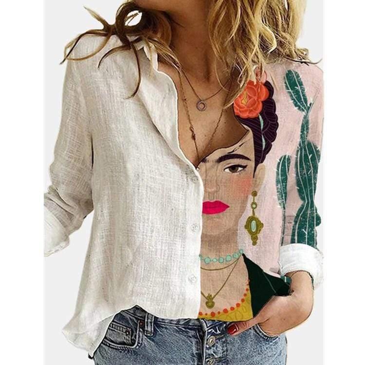 ezy2find Women's Shirts C / S Women's Autumn And Winter New Positioning Printing Long-Sleeved Buttoned Professional Shirt