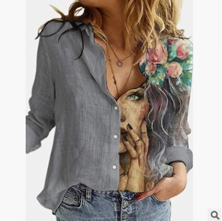 ezy2find Women's Shirts F / S 2020 Autumn And Winter New Positioning Printing Long-Sleeved Buttoned Professional Shirt