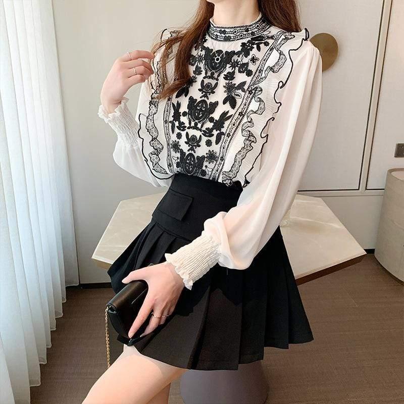 ezy2find Women's Shirts Green / S Early Spring 2021 New Korean Retro Embroidered Chiffon Shirt
