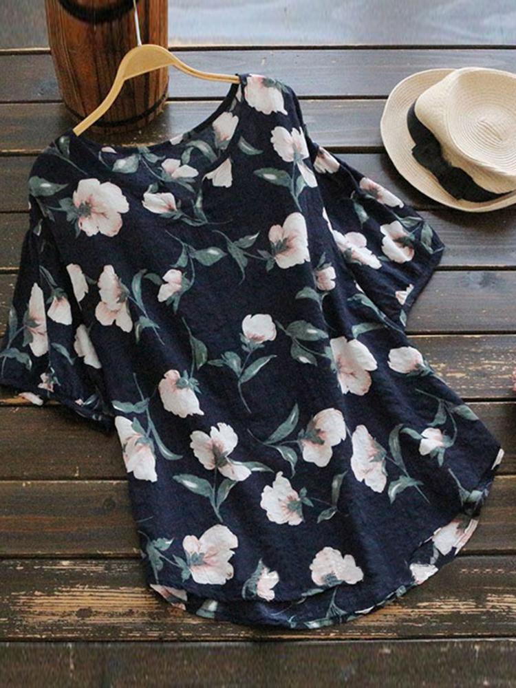 ezy2find Women's Shirts Navy / 18 Casual Women Cotton Floral Printed Blouse