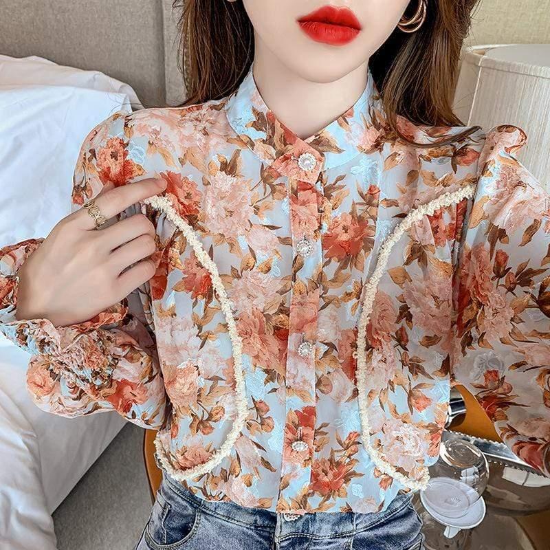ezy2find Women's Shirts Orange / S Women's Spring New Style French Temperament Blouse Floral Chiffon Shirt Bubble Long-Sleeved Thin Shirt Women Foreign Style Small Shirt