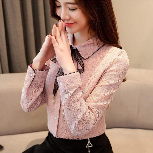 ezy2find Women's Shirts Pink / M / ordinary Women's Long-Sleeved Plus Velvet Padded Lace Shirt For Fall Winter