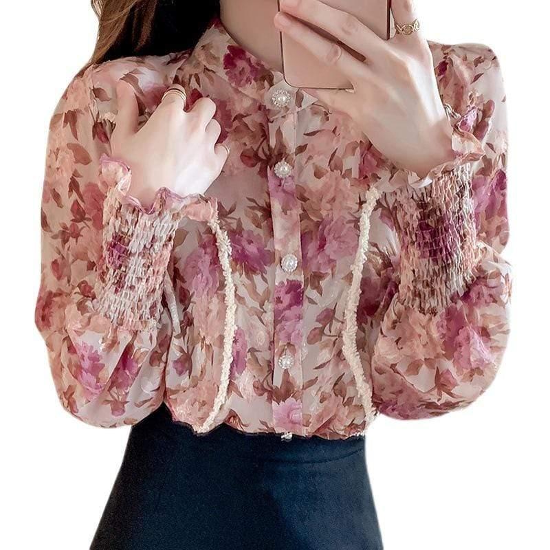 ezy2find Women's Shirts Purple / S Women's Spring New Style French Temperament Blouse Floral Chiffon Shirt Bubble Long-Sleeved Thin Shirt Women Foreign Style Small Shirt