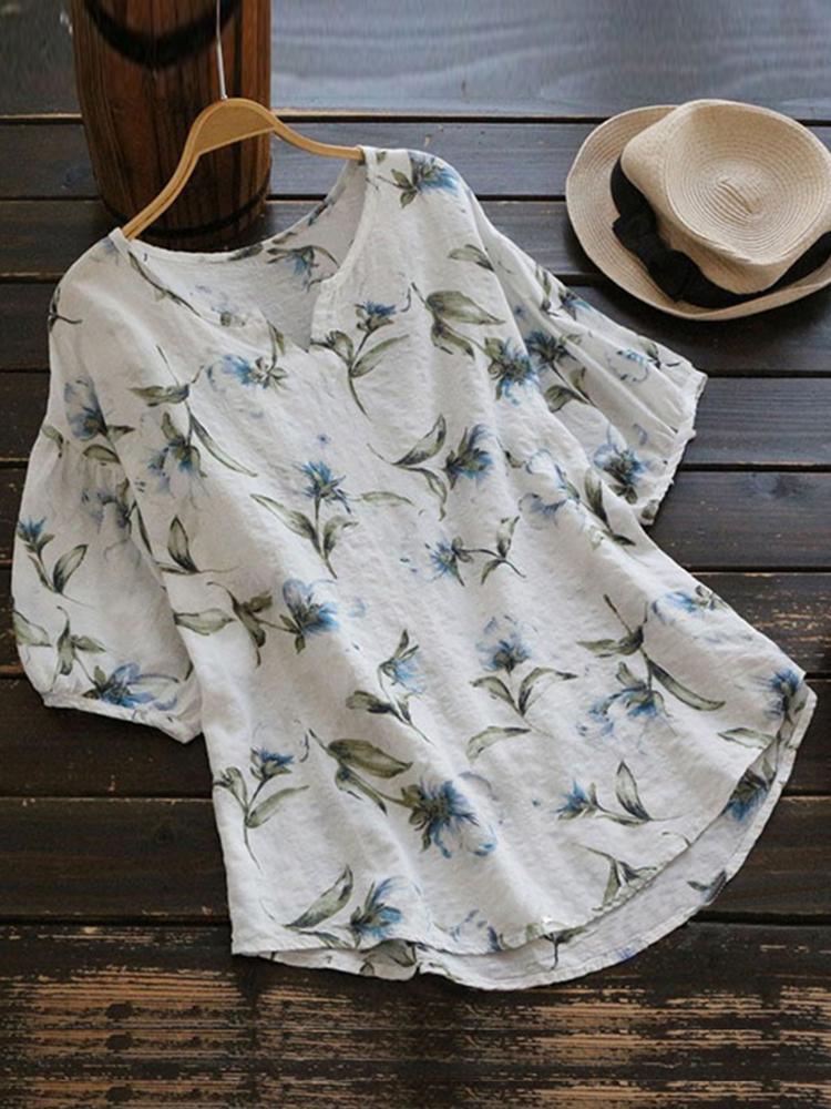 ezy2find Women's Shirts White / 6 Casual Women Cotton Floral Printed Blouse
