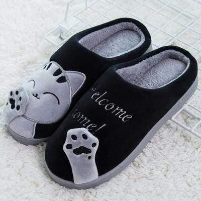 ezy2find women's slippers black / 43 44 Winter Home Slippers Cartoon Cat Shoes Non-slip Soft Winter Warm House Slippers