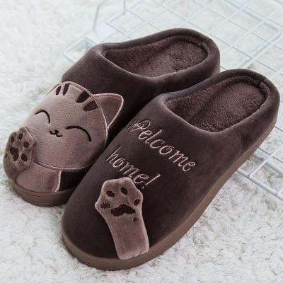 ezy2find women's slippers coffee / 43 44 Winter Home Slippers Cartoon Cat Shoes Non-slip Soft Winter Warm House Slippers