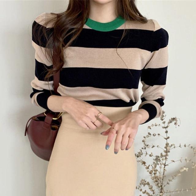 ezy2find women's sweater One Size / black Autumn Winter Striped Pullover Pull Femme Contrast Color O-Neck Woman Sweater Knitted Slim All-match Long Sleeve Sweater Mujer