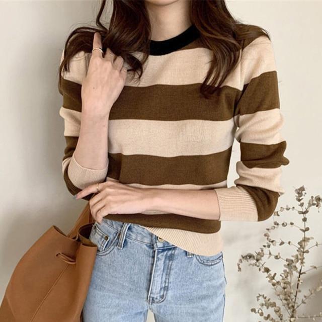 ezy2find women's sweater One Size / coffee Autumn Winter Striped Pullover Pull Femme Contrast Color O-Neck Woman Sweater Knitted Slim All-match Long Sleeve Sweater Mujer