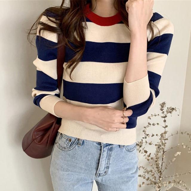 ezy2find women's sweater One Size / Royal blue Autumn Winter Striped Pullover Pull Femme Contrast Color O-Neck Woman Sweater Knitted Slim All-match Long Sleeve Sweater Mujer