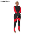 ezy2find women's tracksuit red / XL FAGADOER Color Patchwork Bodycon Two Piece Set Women Long Sleeve Zipper Crop Top + Stacked Pants Outfits Autumn Winter Tracksuit