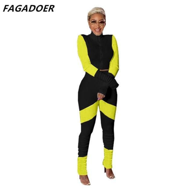 ezy2find women's tracksuit yellow / S FAGADOER Color Patchwork Bodycon Two Piece Set Women Long Sleeve Zipper Crop Top + Stacked Pants Outfits Autumn Winter Tracksuit