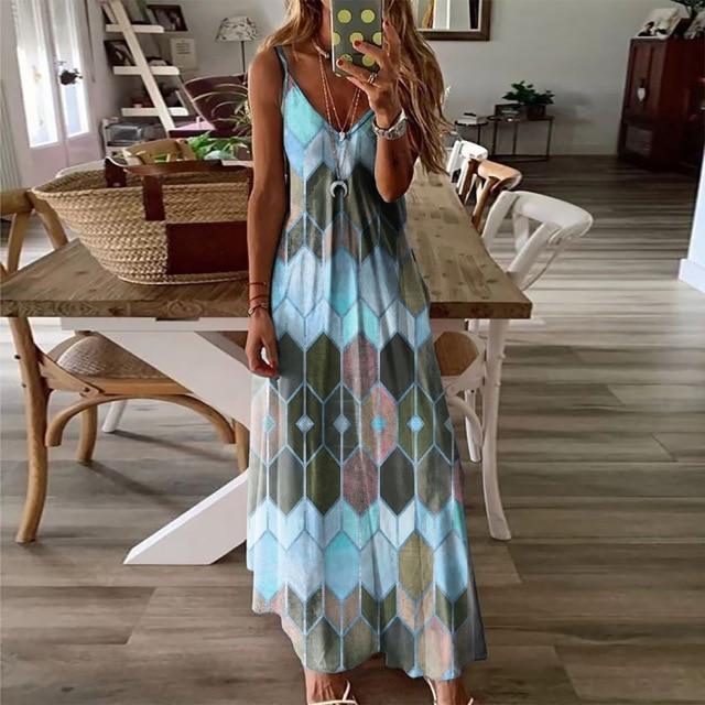 ezy2find Women'sDresses blue / S Women Dresses Ladies Sleeveless V-Neck Camisole A-Line Camisole Casual Printed Long Dress for Women 2021 Fashion Mujer Vestido