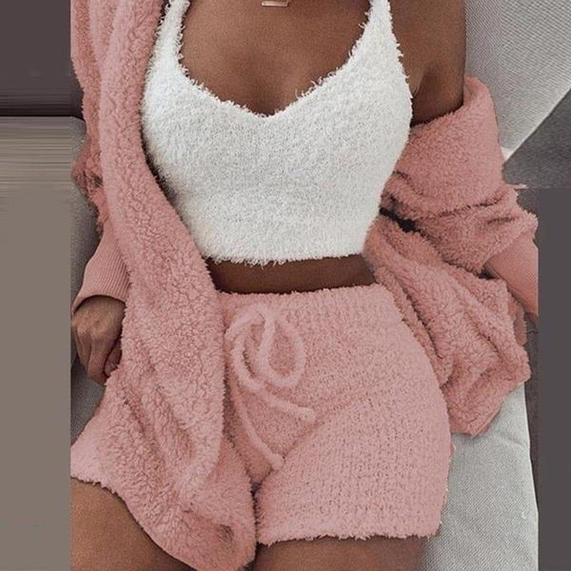 ezy2find womens pink / S Winter Autumn Three Piece Sexy Fluffy Outfits Plush Velvet Hooded Cardigan Coat+Shorts+Crop Top Women Tracksuit Set Women Outfit
