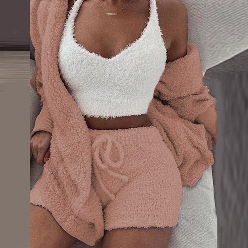 ezy2find womens Winter Autumn Three Piece Sexy Fluffy Outfits Plush Velvet Hooded Cardigan Coat+Shorts+Crop Top Women Tracksuit Set Women Outfit