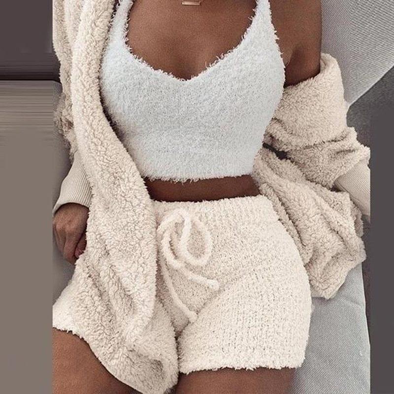 ezy2find womens Winter Autumn Three Piece Sexy Fluffy Outfits Plush Velvet Hooded Cardigan Coat+Shorts+Crop Top Women Tracksuit Set Women Outfit