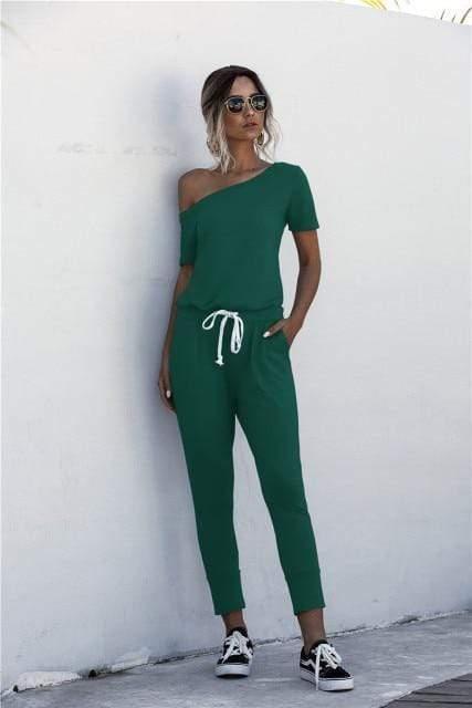 ezy2find XL / Dark Green Fashion Women Summer Solid Color Jumpsuits Drawstring Design Pockets Decor Oblique Collar Short Sleeve Mid Waist Slim Jumpsuits