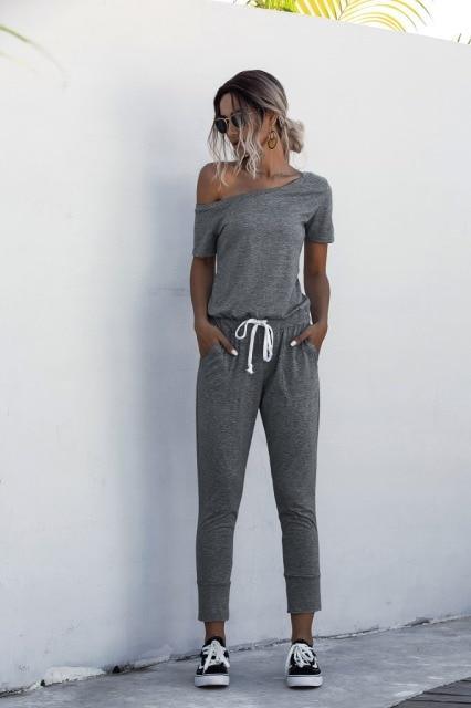 ezy2find XL / Dark Grey Fashion Women Summer Solid Color Jumpsuits Drawstring Design Pockets Decor Oblique Collar Short Sleeve Mid Waist Slim Jumpsuits