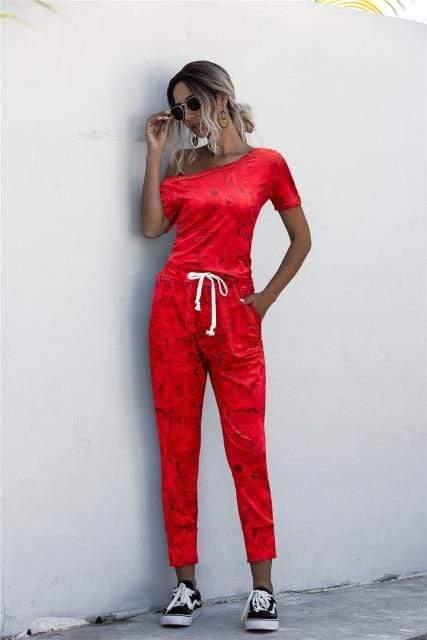 ezy2find XL / Red Fashion Women Summer Solid Color Jumpsuits Drawstring Design Pockets Decor Oblique Collar Short Sleeve Mid Waist Slim Jumpsuits