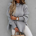 ezy2find XXL / Gray kimdres autumn/winter new semi-high collar loose solid color long sleeve thick needle side slit knit sweater for women