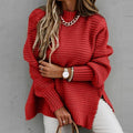 ezy2find XXL / Red kimdres autumn/winter new semi-high collar loose solid color long sleeve thick needle side slit knit sweater for women
