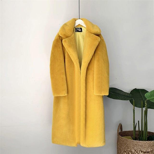 ezy2find yellow / S 2021 New Women Winter Warm Faux Fur Coat Thick Women Long Coat Turn Down Collar Women Warm Coat Casaco Feminino